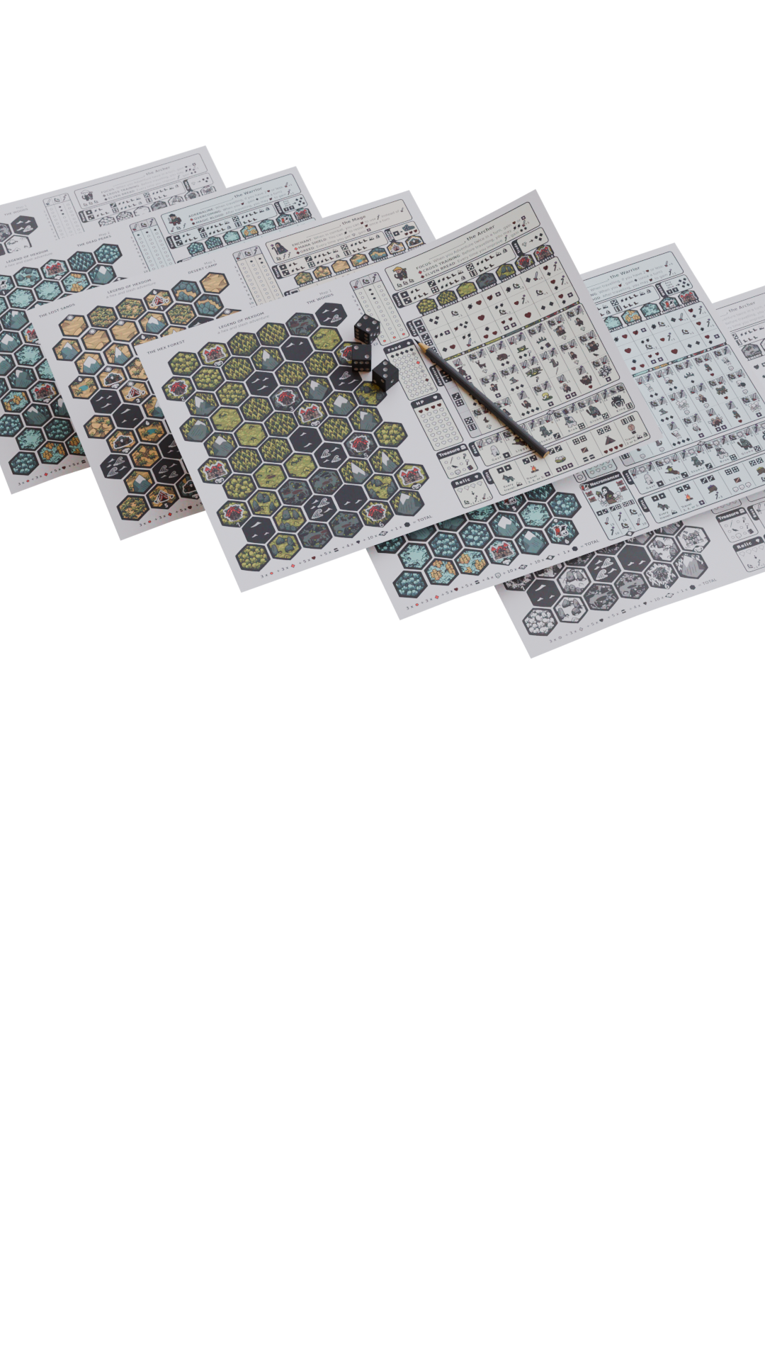 Original Kickstarter product render of the Hex Forest, Lost Sands, and Winter Tales game sheets with three dice and a pencil.